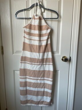 Petal & Pup Beige and White Striped Halter Midi Dress